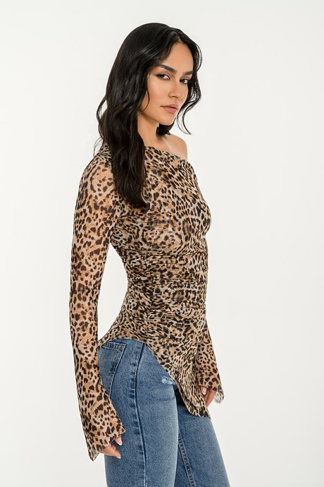 Asymmetric tulle top with leopard print and shirring details