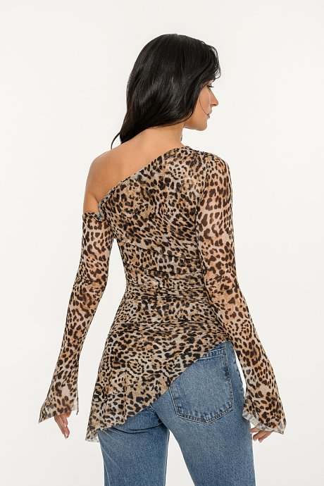 Asymmetric tulle top with leopard print and shirring details
