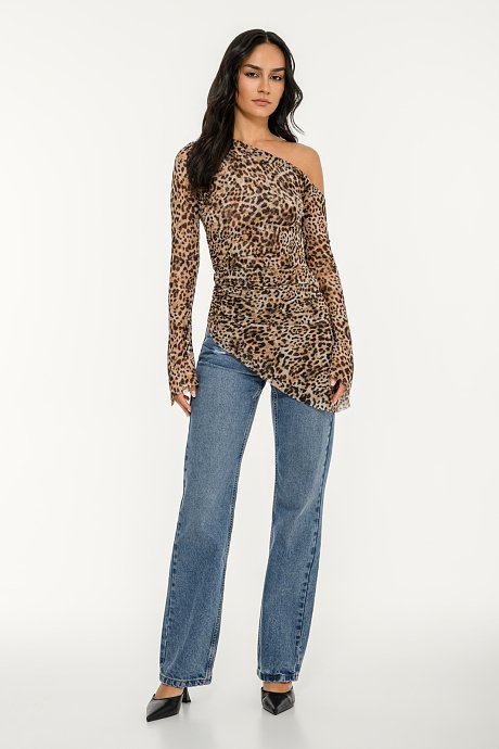 Asymmetric tulle top with leopard print and shirring details