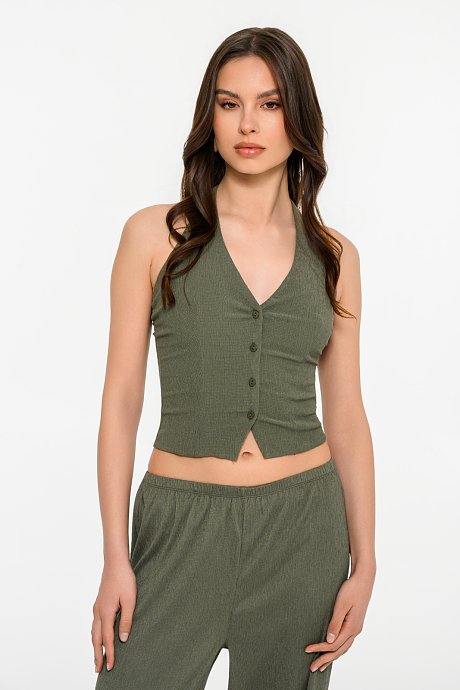 Cropped halter neck vest seersucker