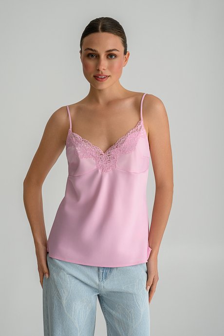 Sleeveless top with lace detail and satin effect