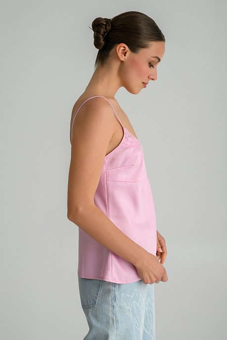 Sleeveless top with lace detail and satin effect