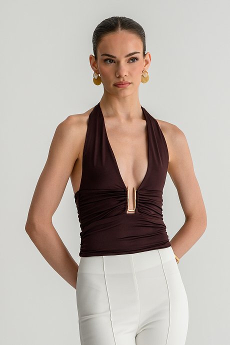Halter top with shirring details and metallic detail