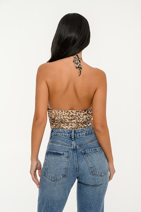 Tulle halter top with leopard print and shirring details