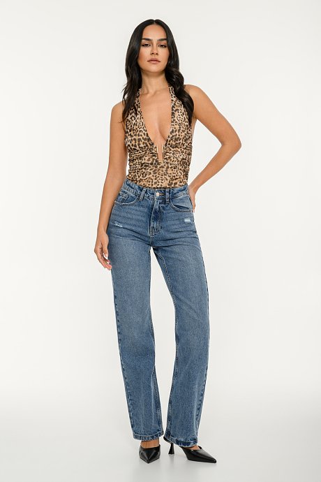 Tulle halter top with leopard print and shirring details