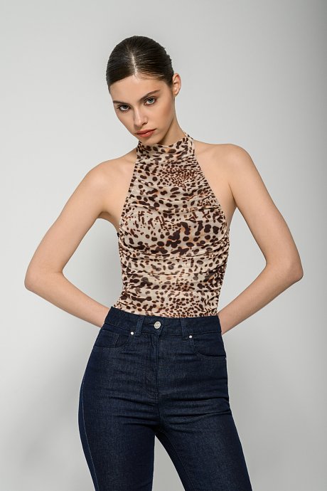 Tulle bodysuit with leopard print and shirring details