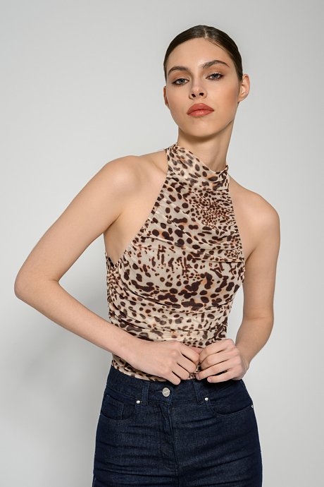 Tulle bodysuit with leopard print and shirring details