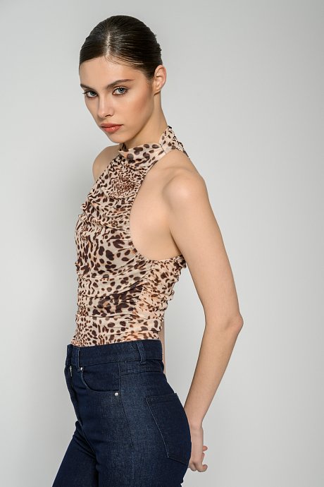 Tulle bodysuit with leopard print and shirring details