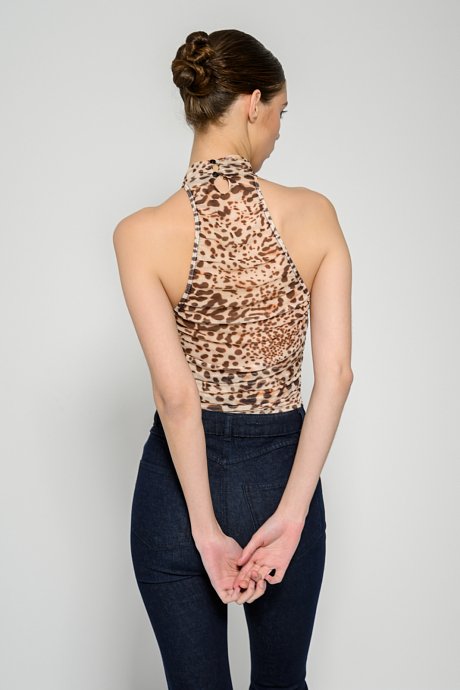Tulle bodysuit with leopard print and shirring details