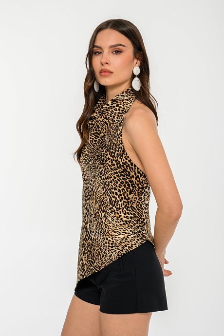 Halter neck leopard top with asymmetric hem