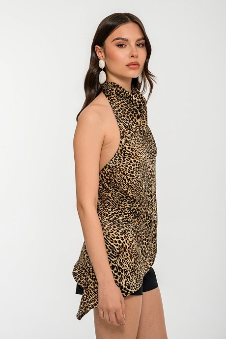 Halter neck leopard top with asymmetric hem