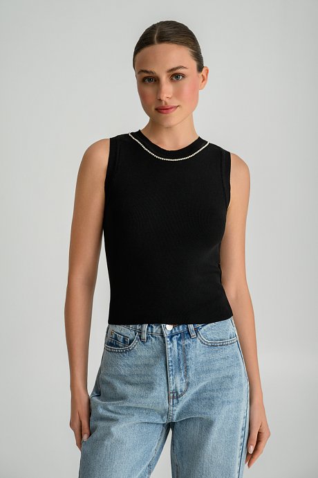 Knitted sleeveless top with rhinestone chain detail