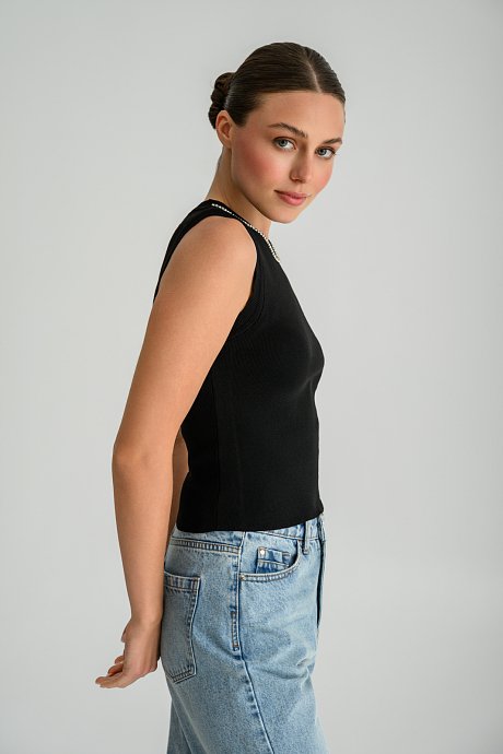Knitted sleeveless top with rhinestone chain detail