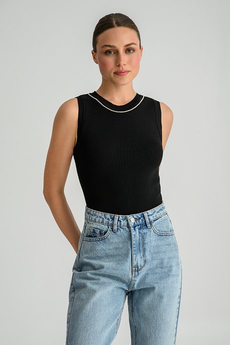 Knitted sleeveless top with rhinestone chain detail