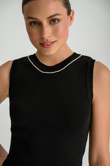 Knitted sleeveless top with rhinestone chain detail