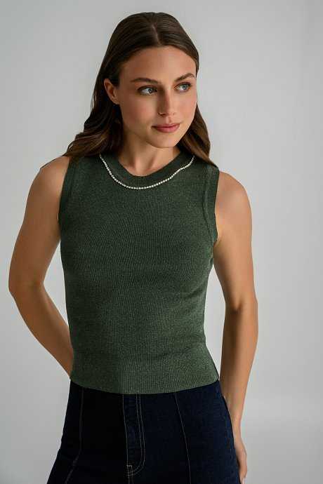 Knitted sleeveless top with rhinestone chain detail