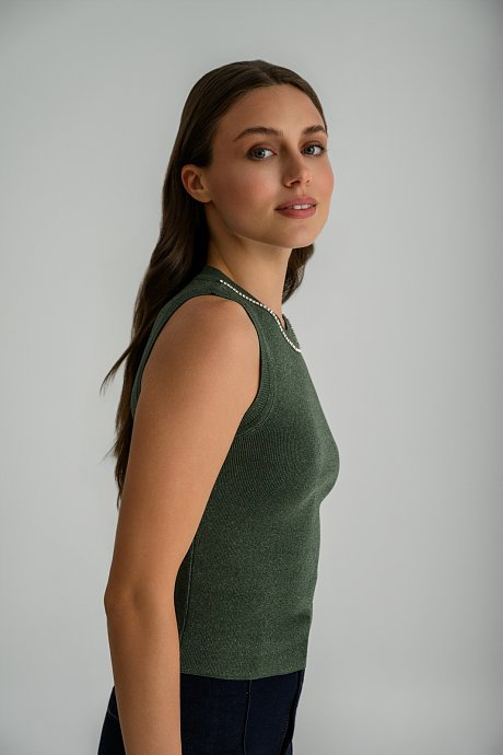 Knitted sleeveless top with rhinestone chain detail
