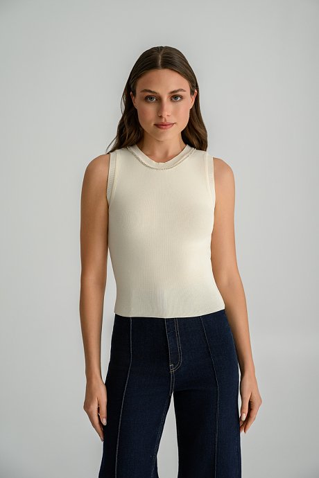 Knitted sleeveless top with rhinestone chain detail