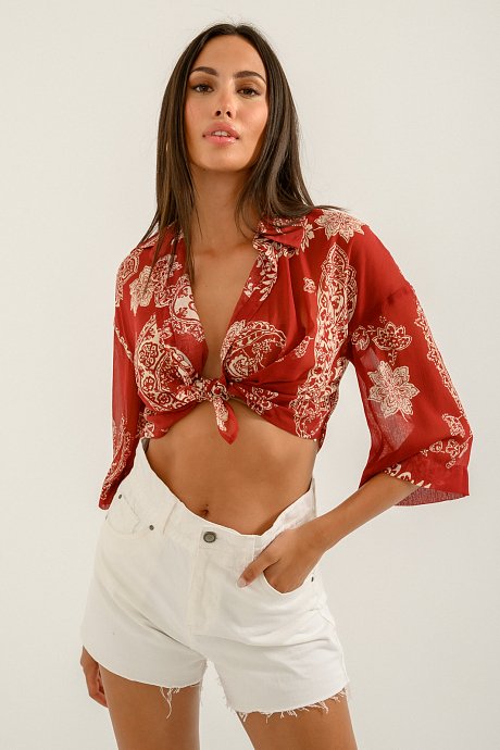 Semi- see through cropped shirt with paisley print