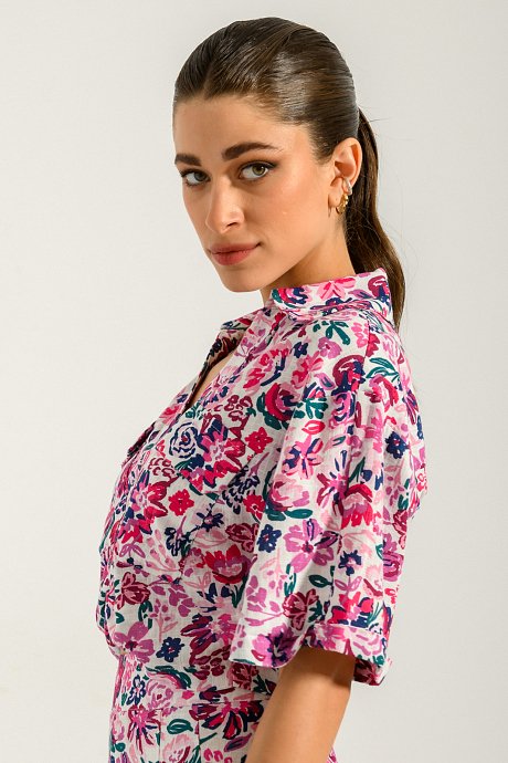 Linen cropped floral shirt