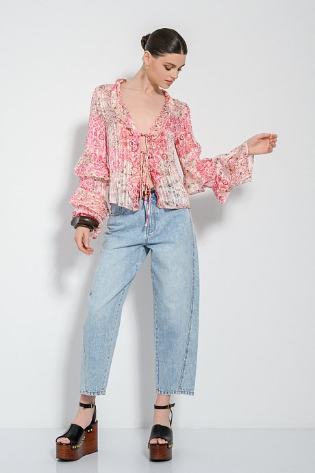 See through πλισέ floral πουκάμισο με βολάν