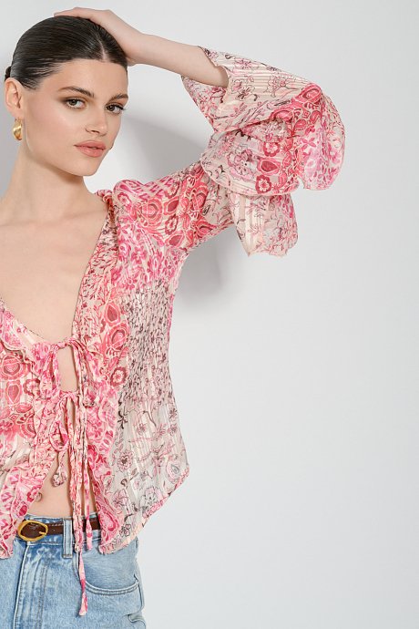See through πλισέ floral πουκάμισο με βολάν