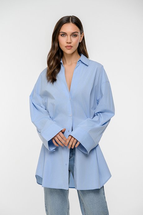 Oversized ριγέ πουκάμισο ποπλίνα με ρυθμιζόμενη μέση