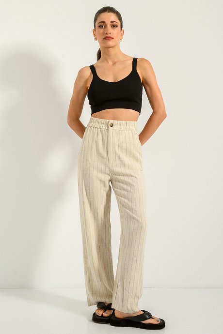Linen straight leg trousers with stripes