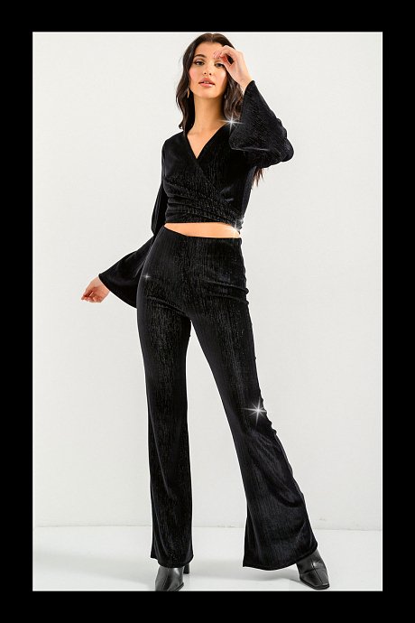 Flared trousers with velvet effect and shinny details