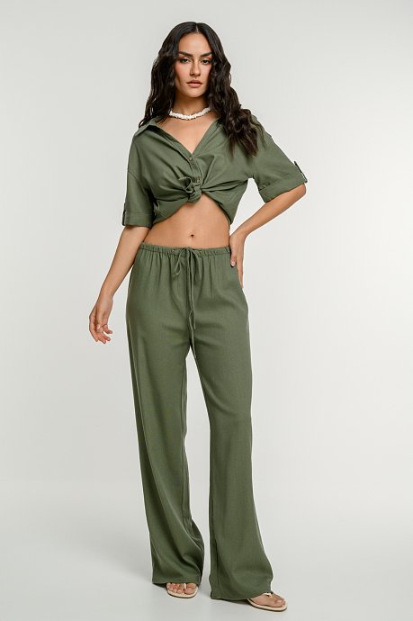 Λινή wide leg παντελόνα
