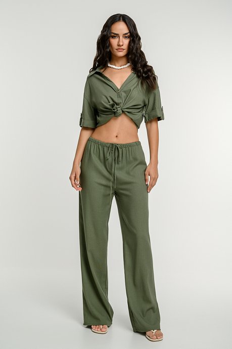 Λινή wide leg παντελόνα