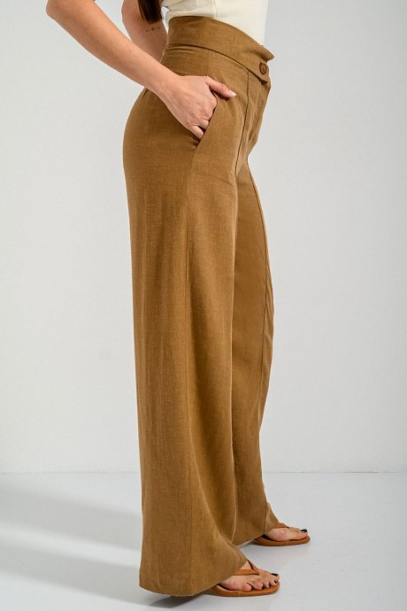 Linen wide leg trousers with turn-over waistband
