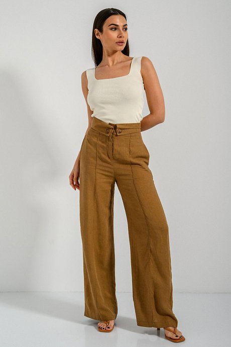 Linen wide leg trousers with turn-over waistband
