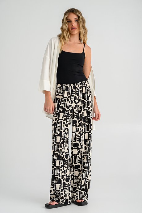 Λινό wide leg παντελόνι με print