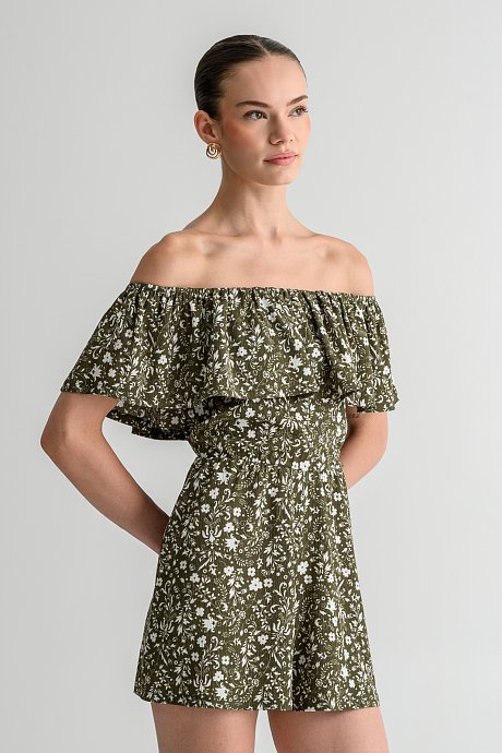 Strapless γκοφρέ φλοράλ ολόσωμη φόρμα σορτς