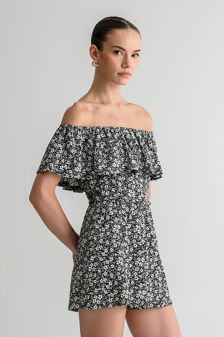 Strapless γκοφρέ φλοράλ ολόσωμη φόρμα σορτς