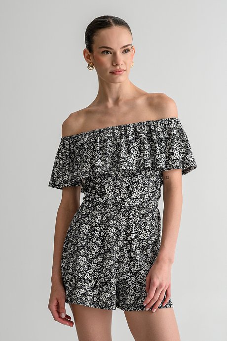 Strapless γκοφρέ φλοράλ ολόσωμη φόρμα σορτς
