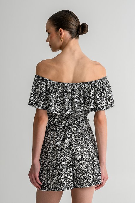 Strapless γκοφρέ φλοράλ ολόσωμη φόρμα σορτς