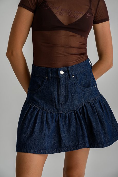 Mini denim skirt with ruffled hem