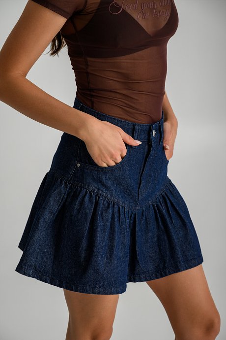 Mini denim skirt with ruffled hem