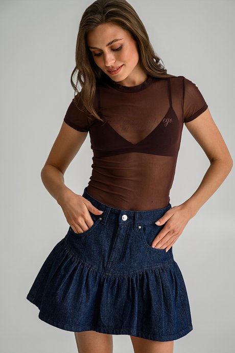 Mini denim skirt with ruffled hem