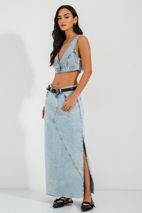 Maxi denim skirt with cut out detail
