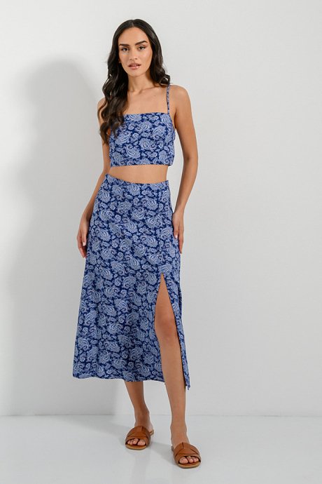 Midi paisley skirt with front slit detail