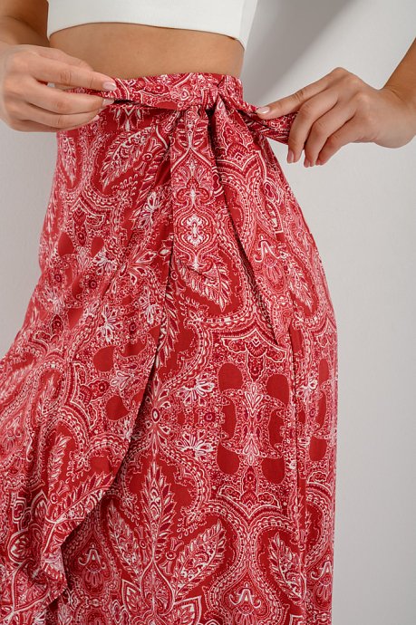 Midi boho printed skirt with front ruffled slit