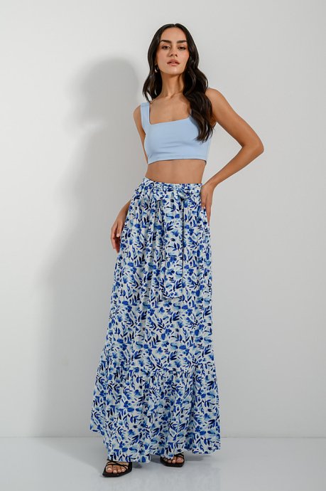 Maxi floral skirt with matching belt and ruffled end details