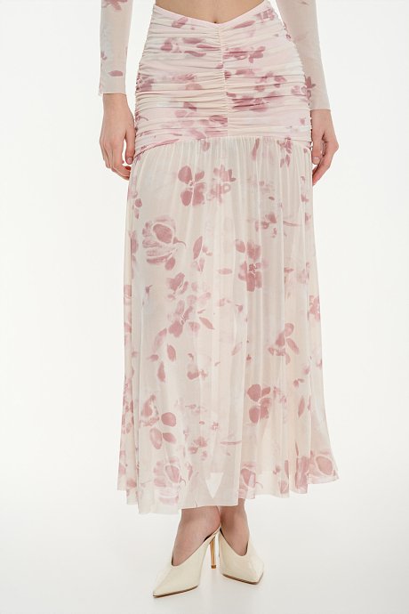Midi tulle floral skirt with shirring details