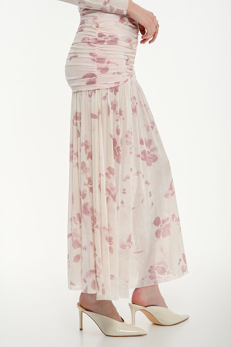 Midi tulle floral skirt with shirring details