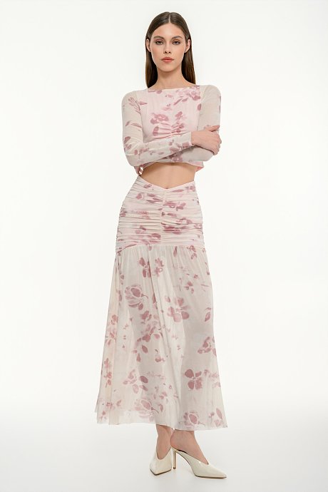 Midi tulle floral skirt with shirring details