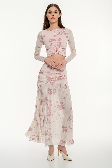 Midi tulle floral skirt with shirring details