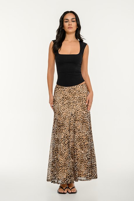 Midi tulle A-line skirt with leopard print